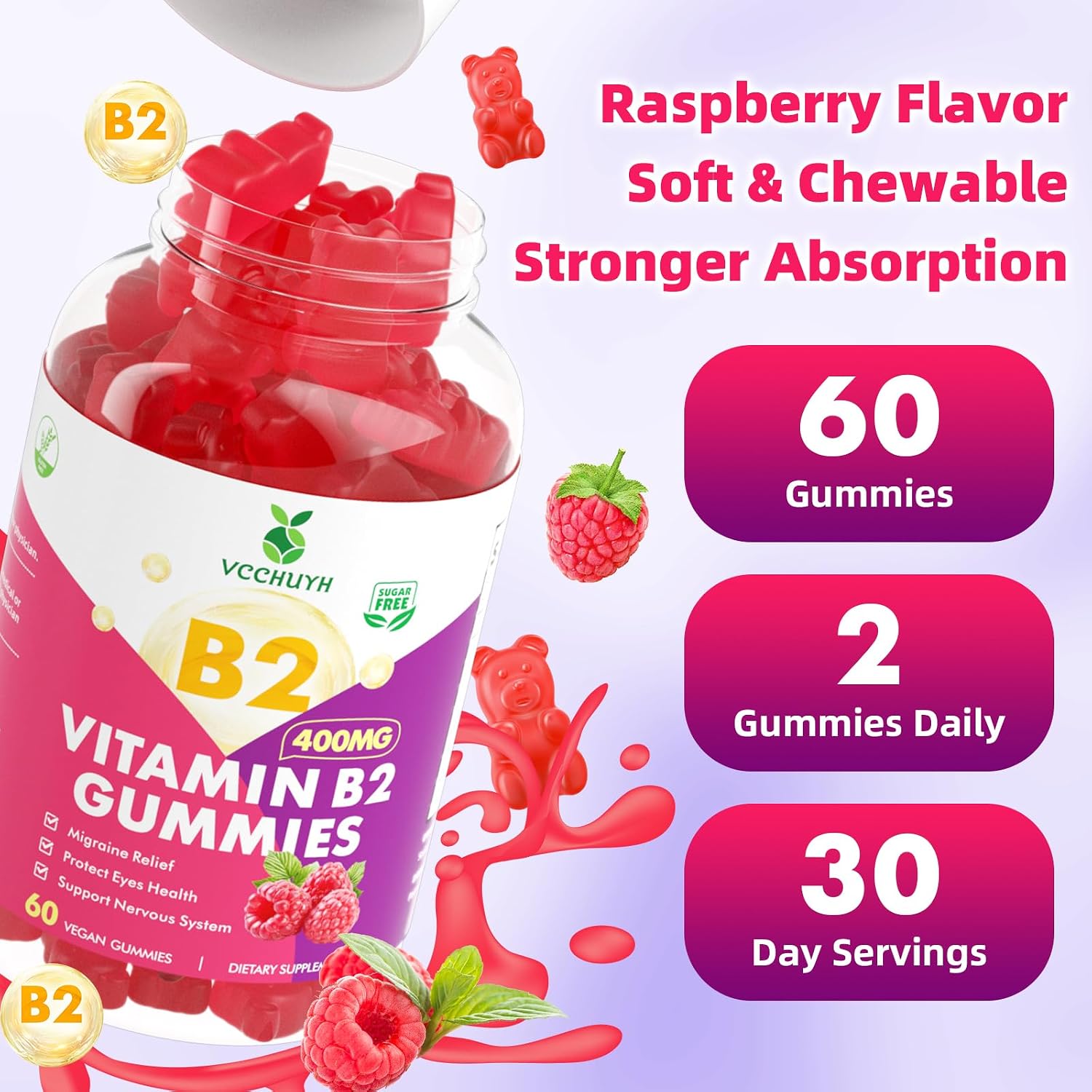 VCCHUYH Gominolas de Vitamina B2 con Magnesio, 400 mg de Riboflavina, 120 unidades