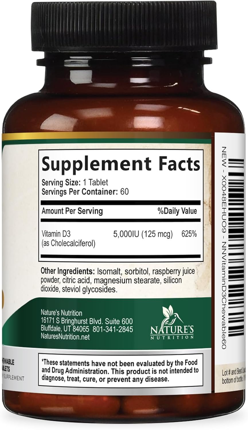 Vitamina D3 5000 UI (125 mcg) por Dosis - Comprimidos Masticables Extra Fuertes sin Azúcar - Apoyo Inmunitario, Huesos, Dientes y Músculos - Sin Gluten - 60 Comprimidos