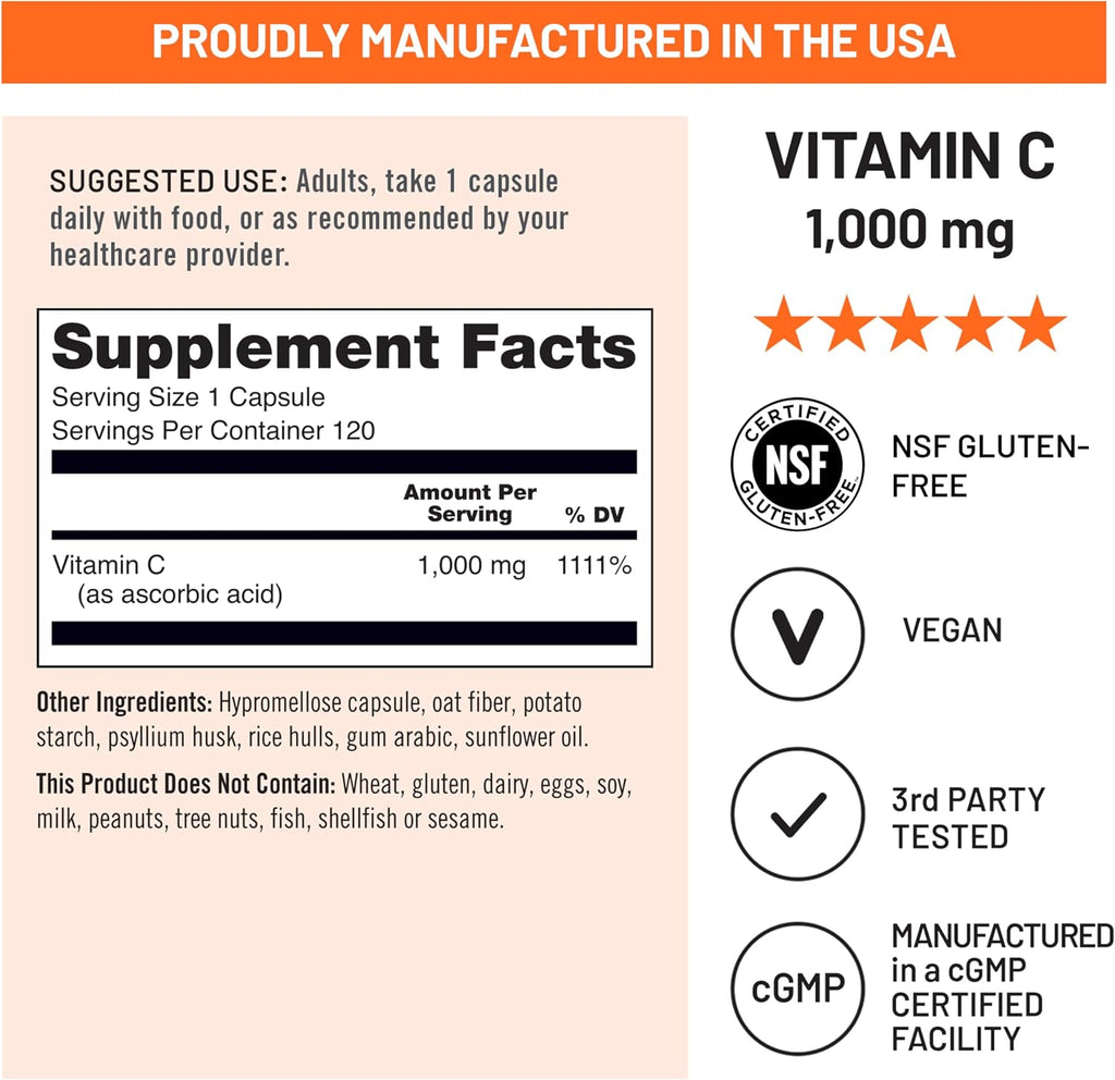 NatureWise Vitamina C 1000 mg Cápsulas - Suplemento Vegano Extra Fuerte para Apoyo Antioxidante e Inmunológico - No GMO, Fabricado en EE.UU. - 120 Cápsulas
