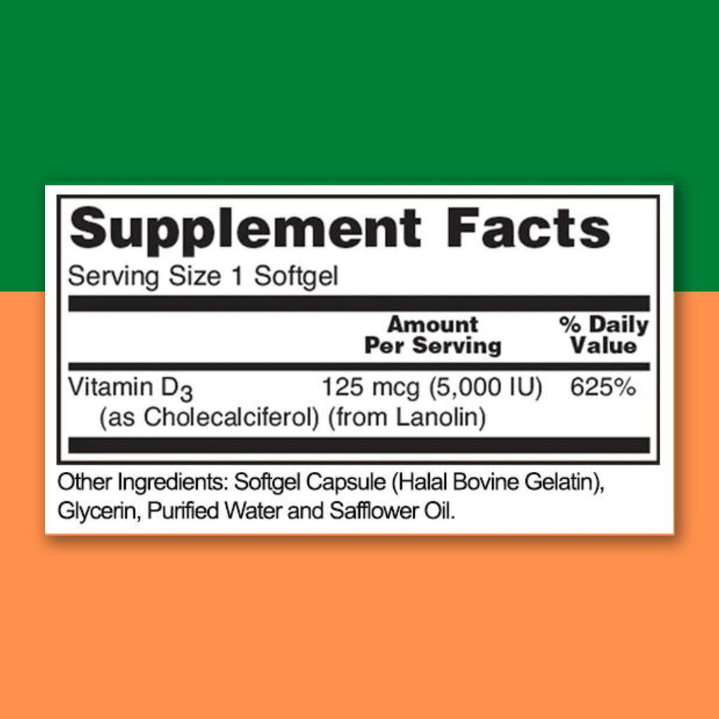Zaytun Vitamina D3 5000 IU, 180 Cápsulas Blandas - Halal, Sin Gluten, No GMO