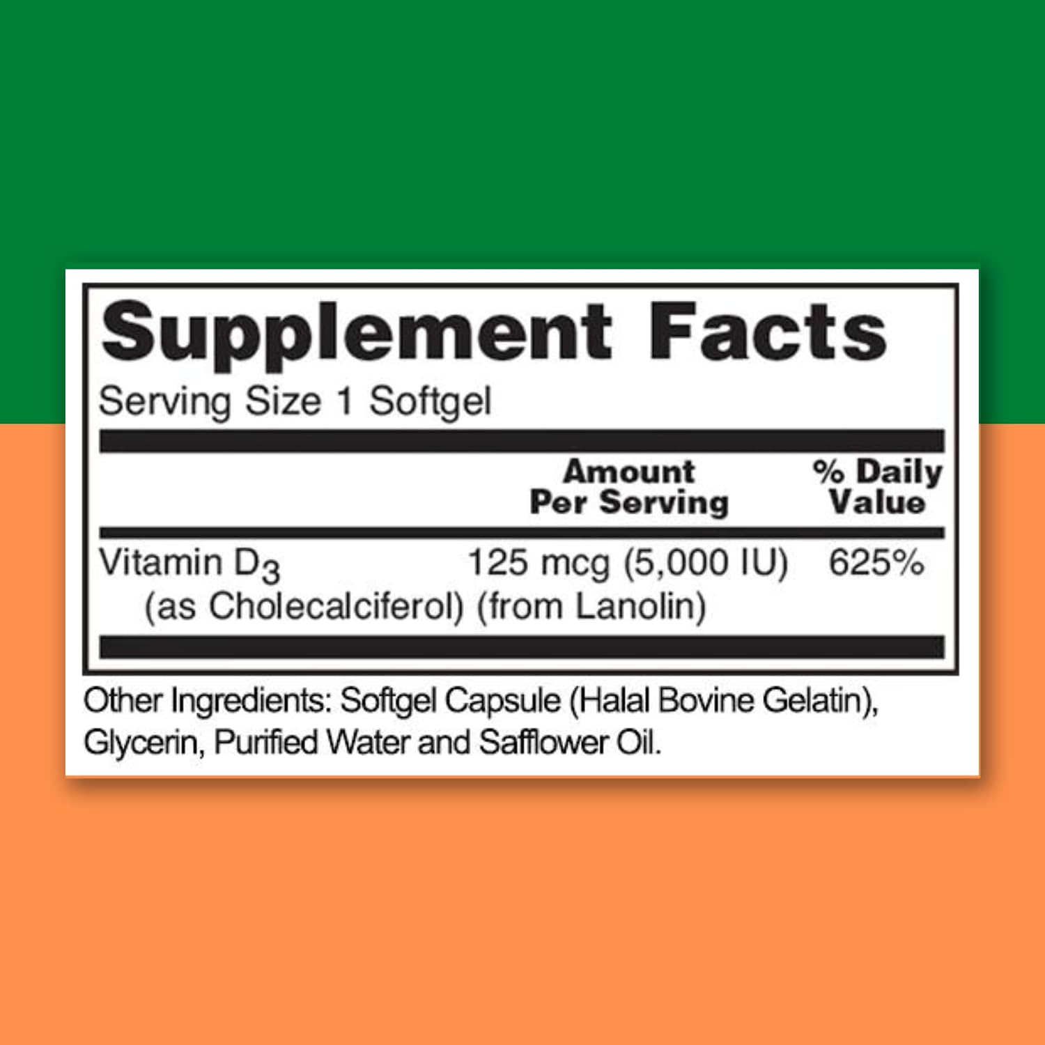 Zaytun Vitamina D3 5000 IU, 180 Cápsulas Blandas - Halal, Sin Gluten, No GMO
