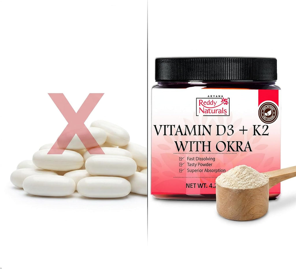 Reddy Naturals Vitamina D3 + K2 MK7 en Polvo con Okra, 120g (30 Dosis)