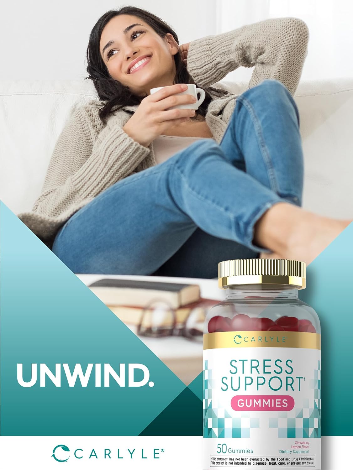 Carlyle Stress Support Gummies - 50 Gominolas con GABA y L-Teanina - Sabor Fresa y Limón - Sin Gluten y No GMO