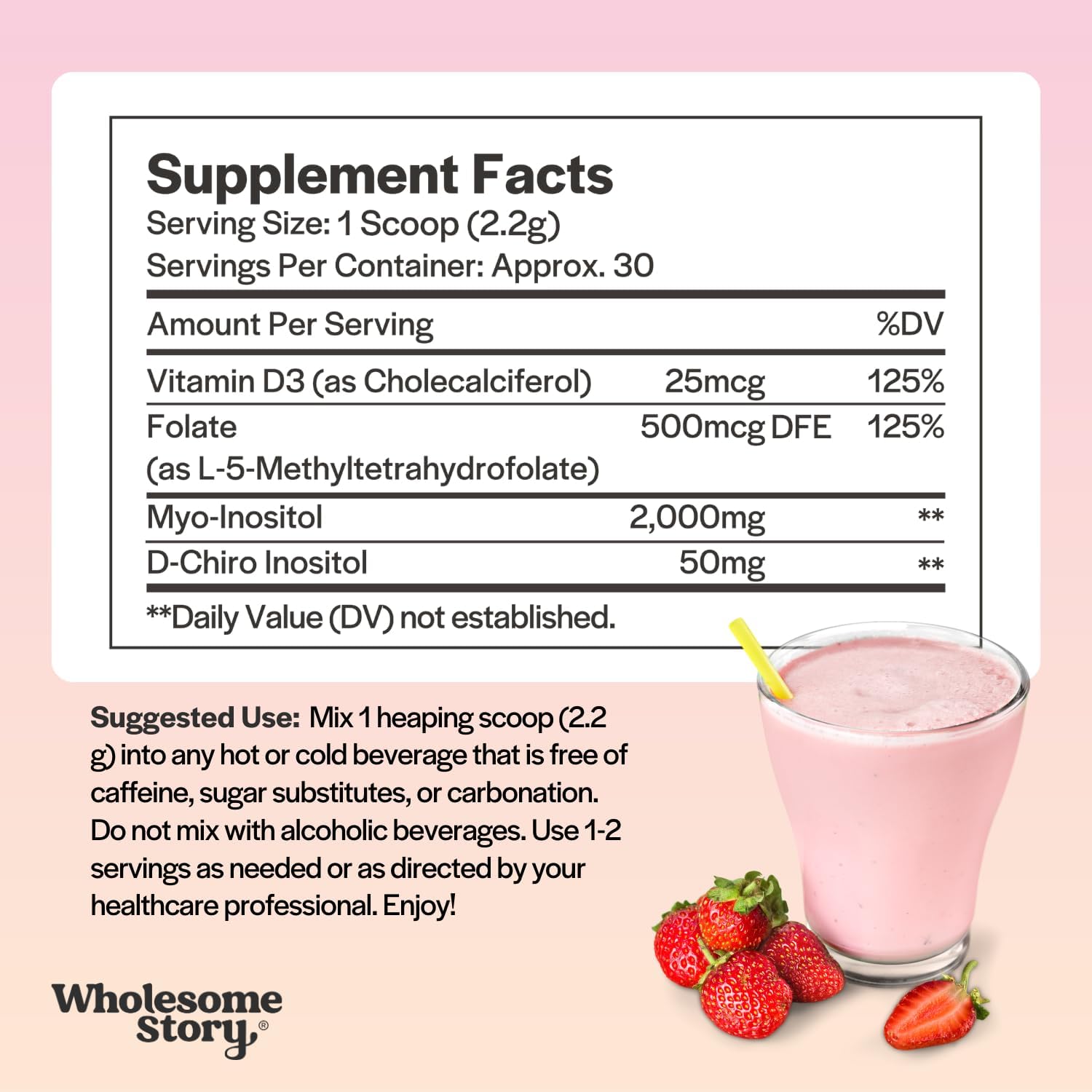 Suplemento de Inositol en polvo con Folato MTHF + Vitamina D3 | Myo-Inositol y D-Chiro Inositol | Vitamina B8 | 30 porciones