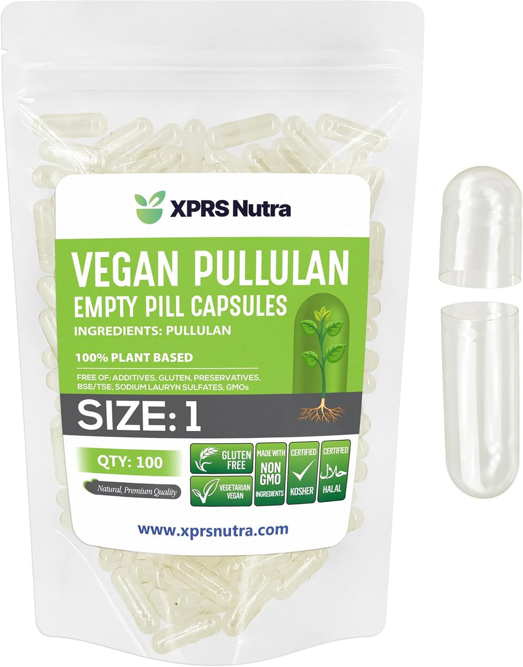 XPRS Nutra Cápsulas Vacías de Pullulan Tamaño 1 - 100 Unidades - Veganas y Transparentes