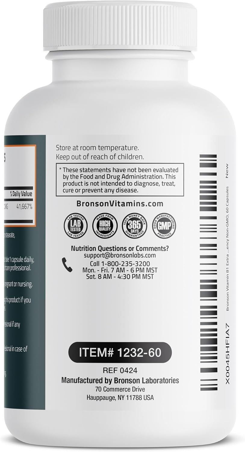 Bronson Vitamin B1 Extra Strength 500 MG High Potency Non-GMO, 60 Capsules