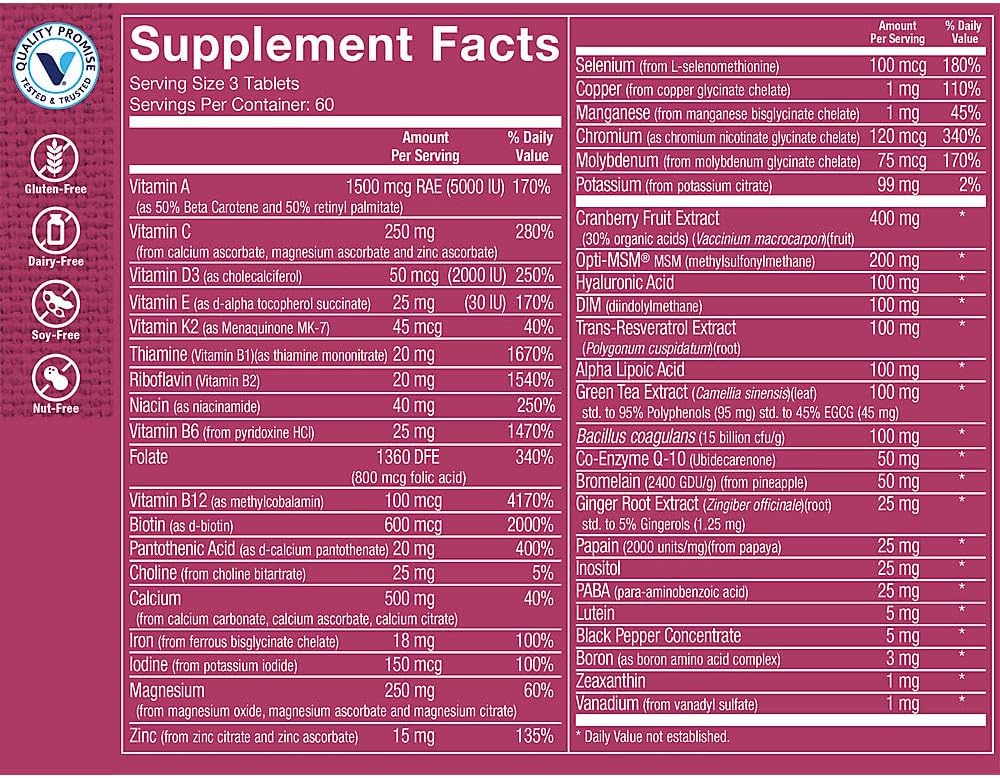 The Vitamin Shoppe Ultimate Woman’s Gold Multivitamínico con Hierro, Vitaminas B y Vitamina D3, Multivitamínico Diario para Mujeres para la Producción de Energía, Salud Ósea e Inmunológica, Sin Gluten, 180 Comprimidos