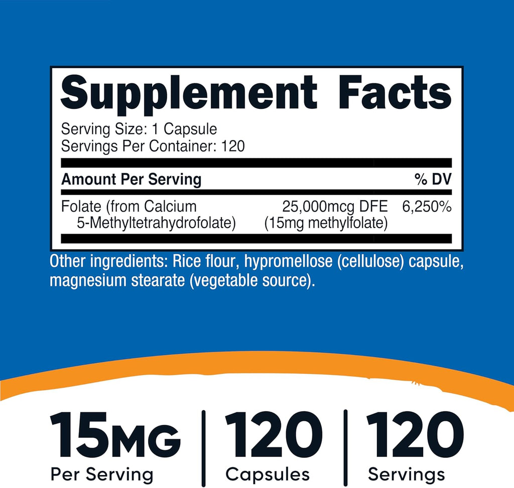Nutricost L-Metilfolato 15mg, 120 Cápsulas (5-MTHF) - Vegano, Sin Gluten, No-GMO