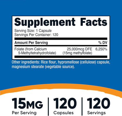 Nutricost L-Metilfolato 15mg, 120 Cápsulas – El folato puede contribuir a la formación normal de las células – Image 2