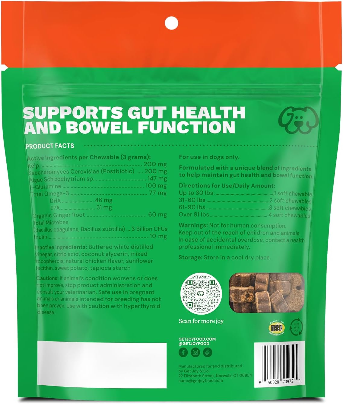 Get Joy Digestion Chews - Suplemento digestivo para perros con prebióticos, probióticos y posbióticos, 90 masticables