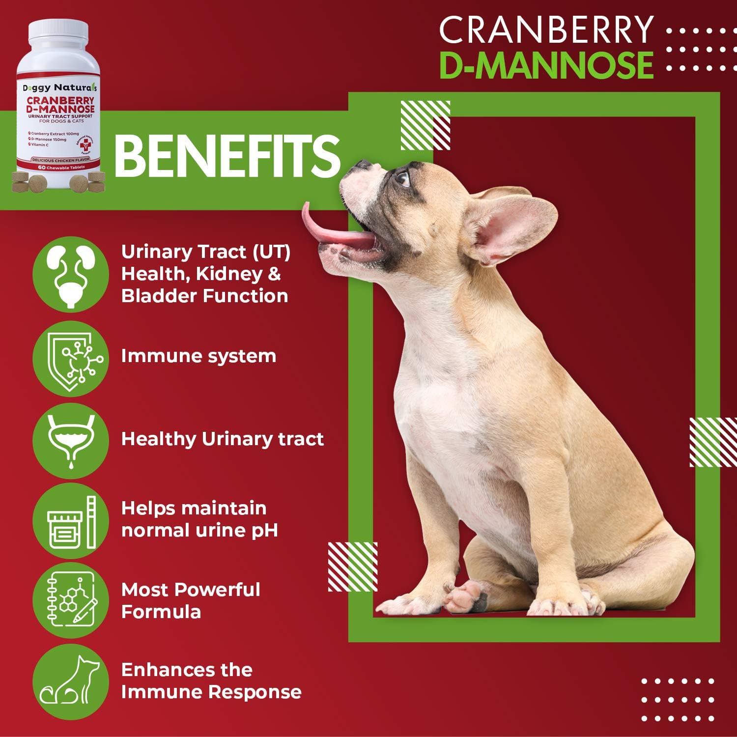 Cranberry D-Mannose para Perros y Gatos - Apoyo para el Tracto Urinario - 60 Comprimidos Masticables