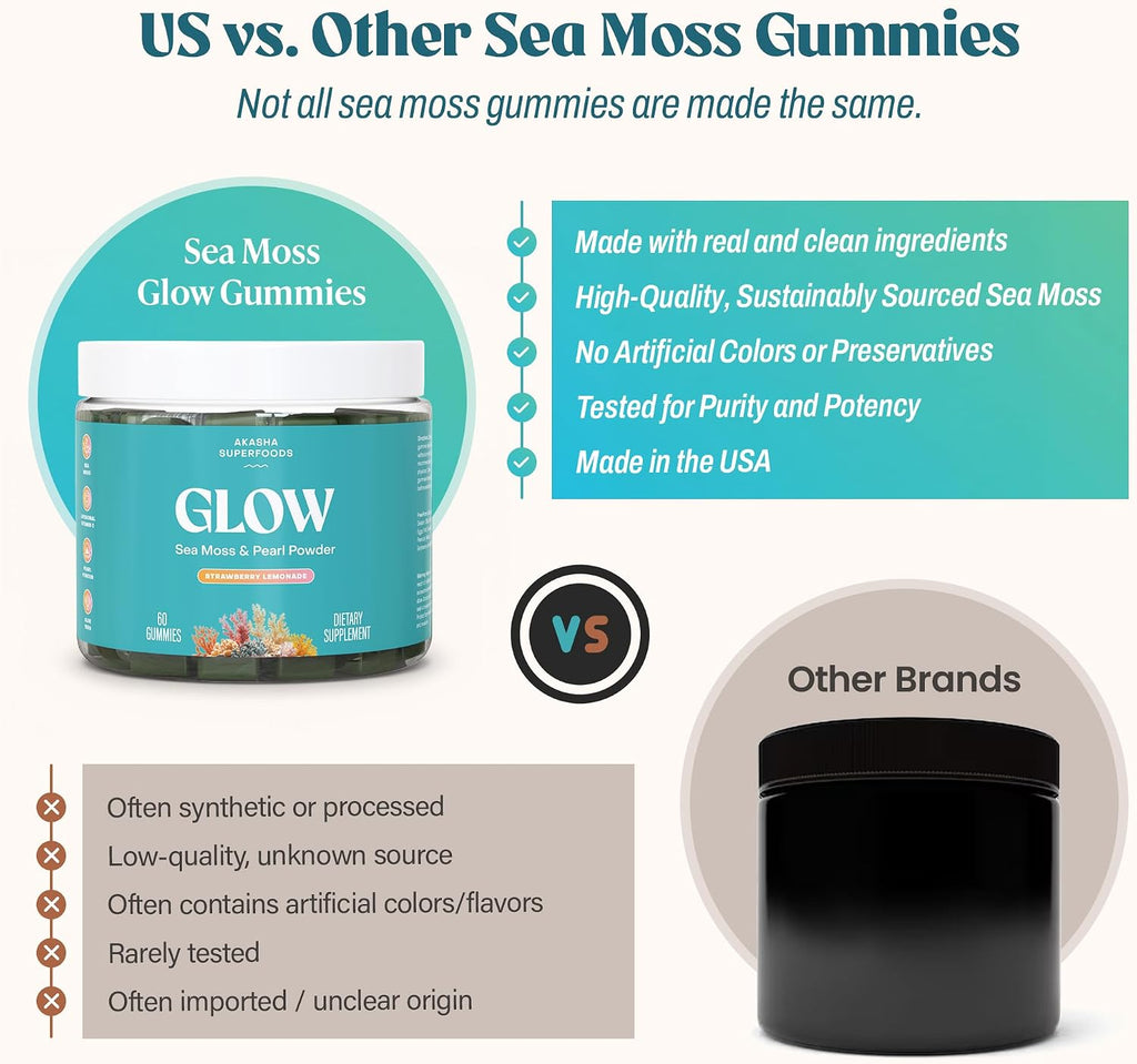 Akasha Superfoods Sea Moss Gummies con Irish Sea Moss, Perla en Polvo, Vitamina E, Aloe Vera y Vitamina C Liposomal, 60 Gominolas