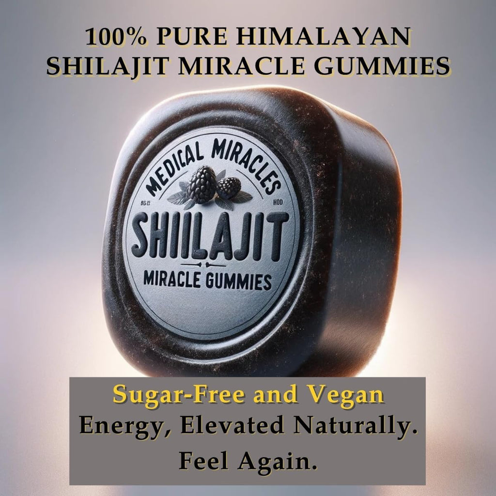 Medical Miracles Shilajit Gominolas de Energía Sin Azúcar 1000mg, Complejo Mineral Himalaya con Ácido Fúlvico, Suplemento Vegano Sabor Frambuesa y Sandía, 60 Unidades