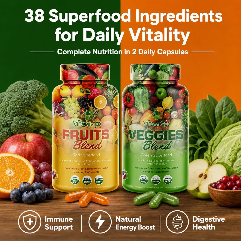 VITAMIZED 38 Frutas y Verduras Suplemento para la Salud y Energía General - 180 Cápsulas