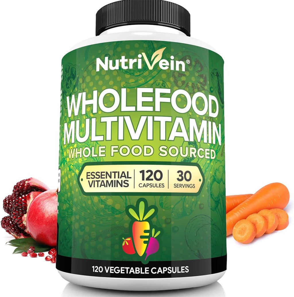 Nutrivein Multivitamínico de Alimentos Integrales para Hombres y Mujeres – 120 Cápsulas Veganas – Energía Diaria, Apoyo Inmunitario y Cardíaco – Mezcla de Frutas y Verduras + Vitaminas B