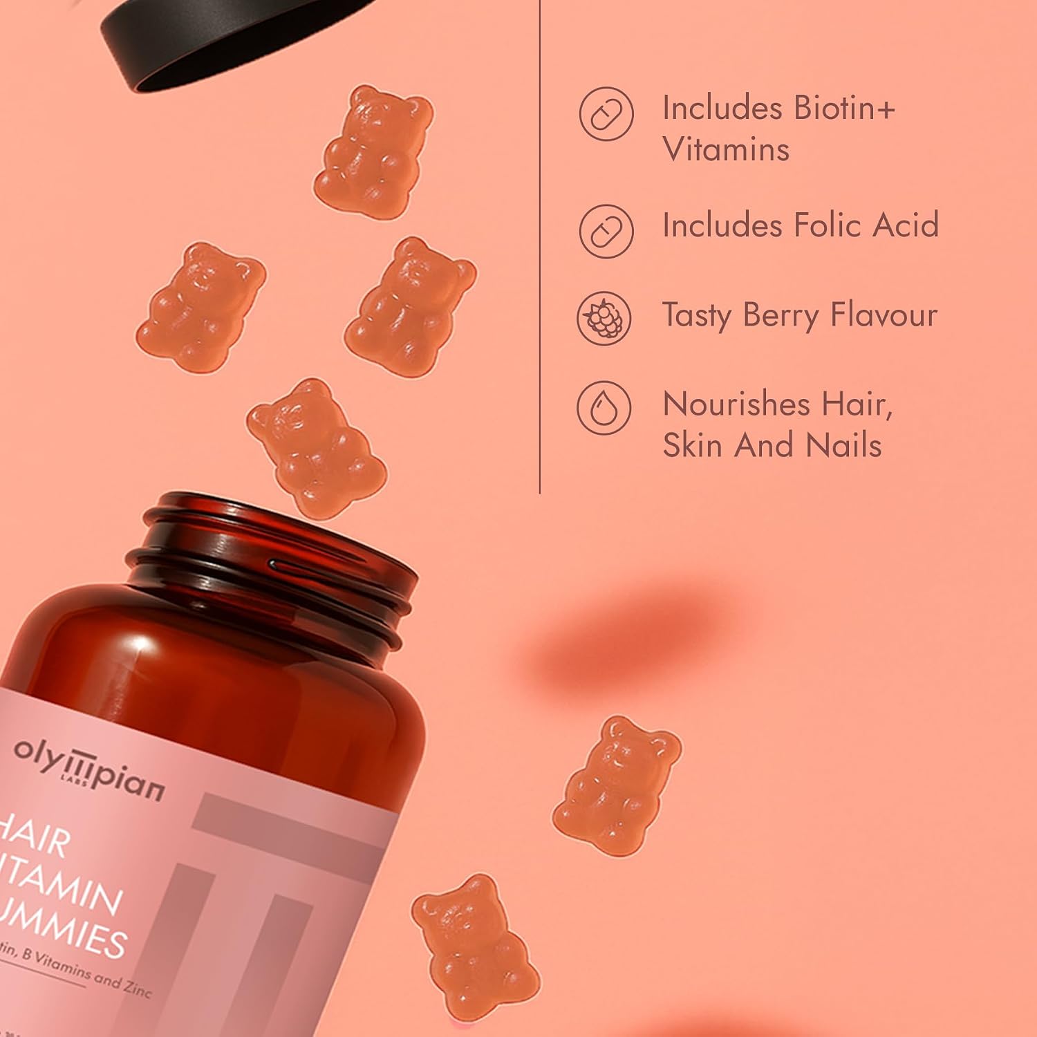 Olympian Labs Gummies de Vitaminas para el Cabello | Ricos en Biotina con Vitaminas y Minerales | 60 Gominolas con Sabor a Bayas