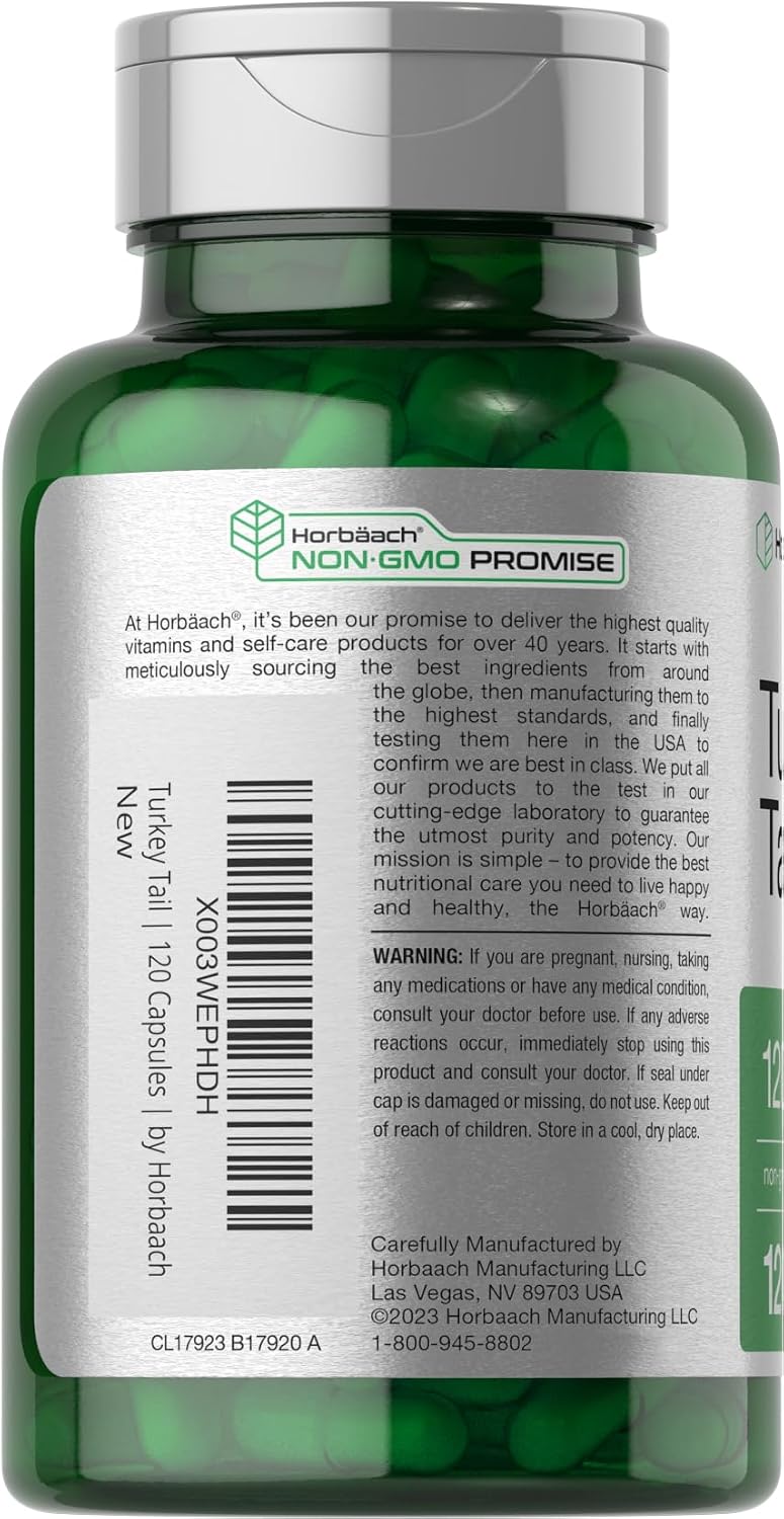 Horbäach Cápsulas de Hongo Cola de Pavo | 120 Cápsulas | Extracto No GMO y Sin Gluten