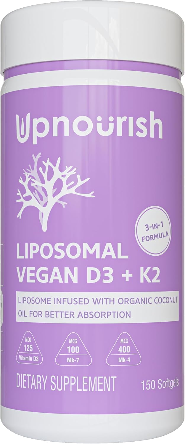 UpNourish Vitamina D3 y K2 Vegana, 5000 UI D3 + 500 mcg K2 (MK4 y MK7), 150 Cápsulas Blandas - Fórmula Liposomal con Aceite de Coco Orgánico