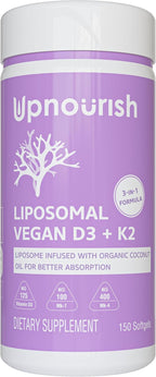 UpNourish Vitamina D3 y K2 Vegana, 5000 UI D3 + 500 mcg K2 (MK4 y MK7), 150 Cápsulas Blandas - Fórmula Liposomal con Aceite de Coco Orgánico