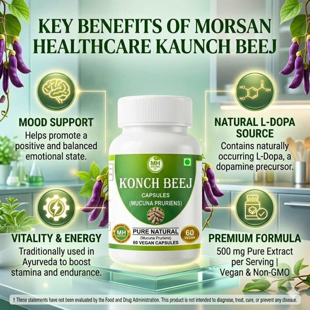 Kaunch Beej 500mg | 60 Cápsulas Veganas | Extracto Puro de Mucuna Pruriens | Suplemento Ayurvédico Tradicional para Vitalidad y Energía | Sin OGM y Sin Gluten