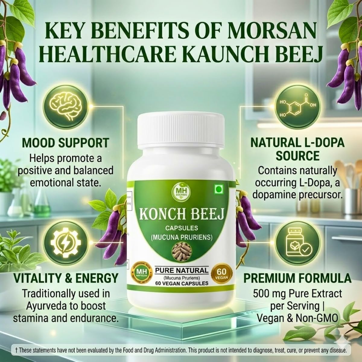 Kaunch Beej 500mg | 60 Cápsulas Veganas | Extracto Puro de Mucuna Pruriens | Suplemento Ayurvédico Tradicional para Vitalidad y Energía | Sin OGM y Sin Gluten