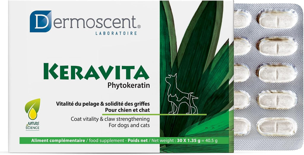 Dermoscent Keravita® Suplemento Alimenticio para la Piel y el Pelaje de Perros y Gatos - 30 Comprimidos Sabor a Pollo