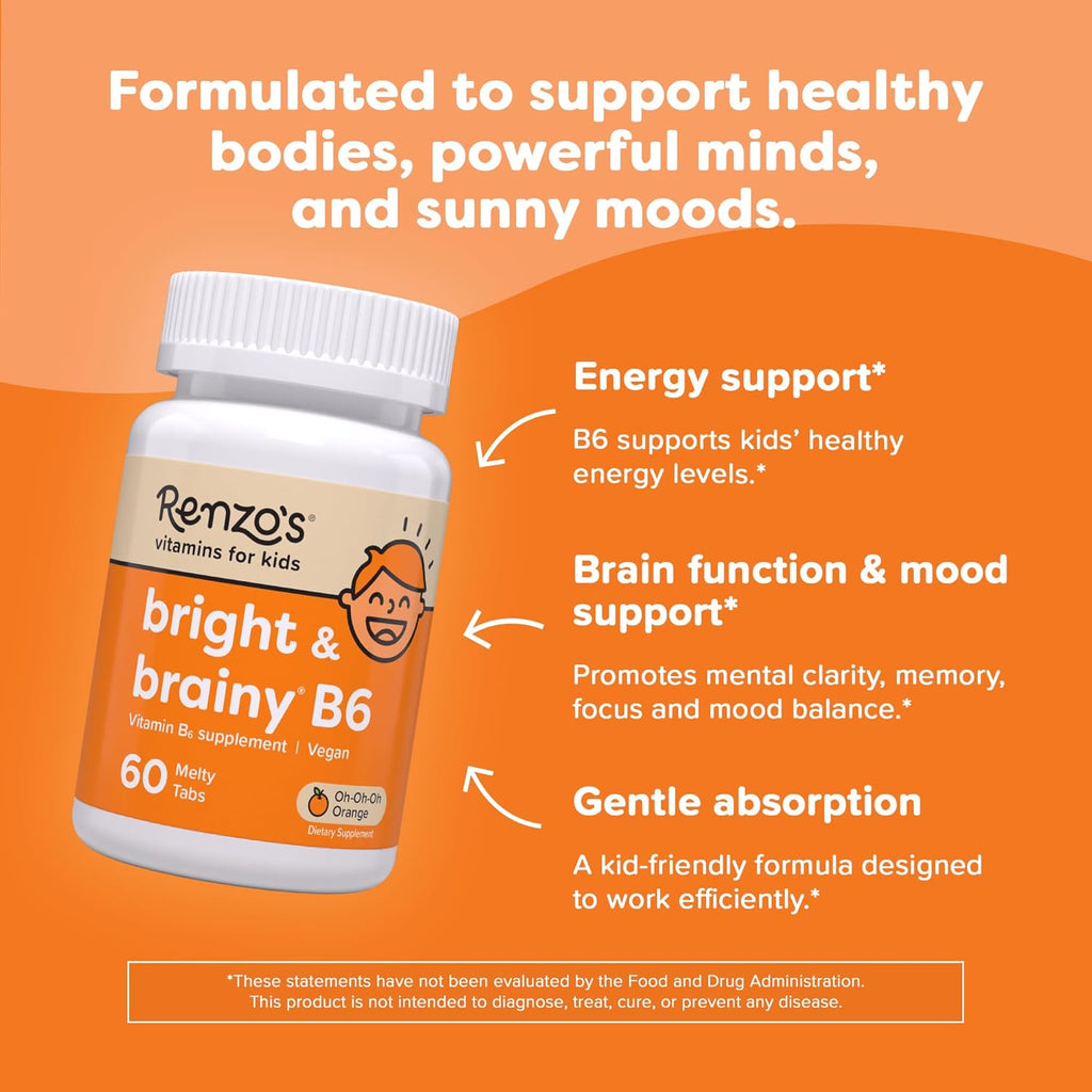 Renzo's Bright & Brainy Vitamina B6, Comprimidos Disolventes para Niños, 60 Unidades, Sabor Naranja Sin Azúcar