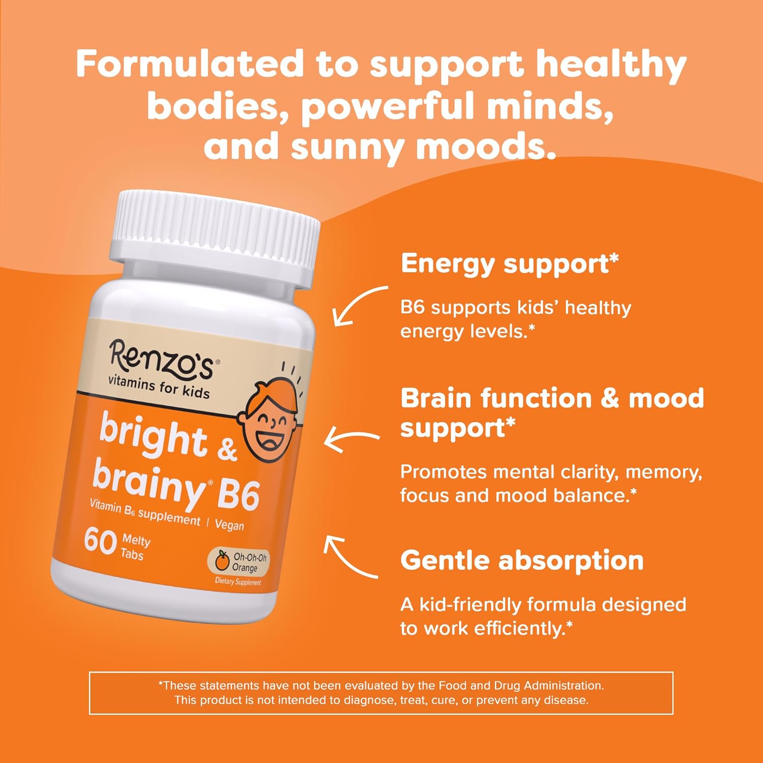 Renzo's Bright & Brainy Vitamina B6, Comprimidos Disolventes para Niños, 60 Unidades, Sabor Naranja Sin Azúcar