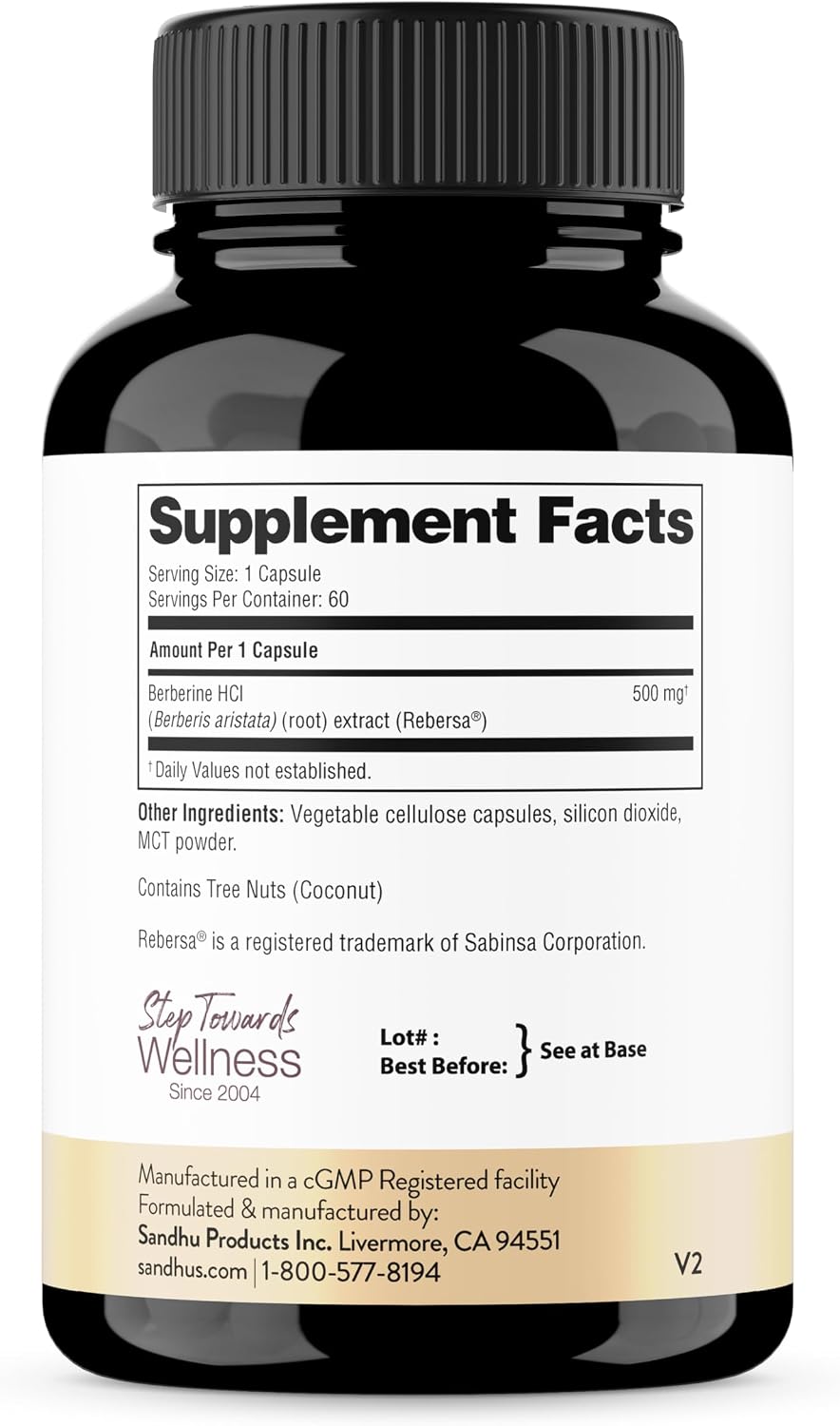 Sandhu's Berberina HCL 500mg por cápsula - 60 Cápsulas - Extracto de Berberis Aristata al 97% - Sin OGM, Vegetariano, Sin Gluten