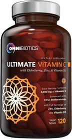 OmniBiotics Ultimate Vitamina C 2000 mg con Zinc, Saúco y D3 – 120 Comprimidos Veganos