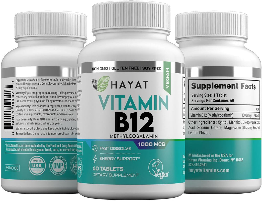 HAYAT Vitamina B12 1000 mcg – Suplemento Vegano para el Metabolismo Energético (60 Comprimidos)