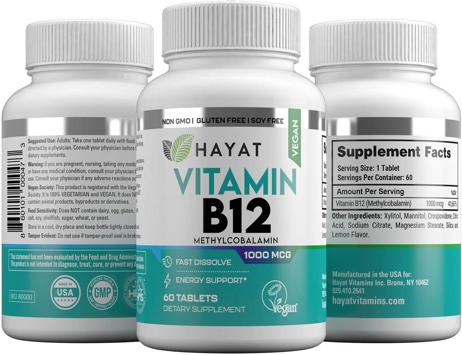HAYAT Vitamina B12 1000 mcg – Suplemento Vegano para el Metabolismo Energético (60 Comprimidos)