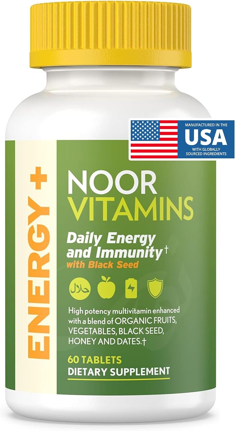 Noor Vitamins Energy+ Multivitamínico Halal – 26 Vitaminas y Minerales con Black Seed, Dátiles y Miel, Sin Gelatina, 2 Meses de Suministro