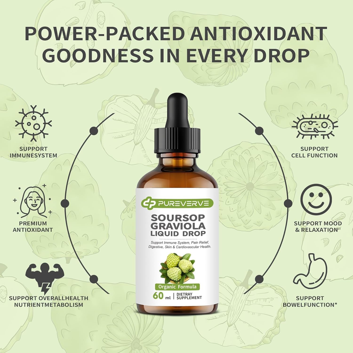Soursop Graviola Gotas Líquidas de Pureverve, Apoyo Celular e Inmunidad, 2 Pack de 118 ml