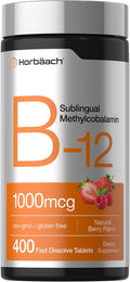 Horbaach Vitamina B12 1000 mcg Sublingual - 400 Comprimidos de Rápida Disolución - Metilcobalamina, Sabor a Bayas, Vegano, Sin Gluten