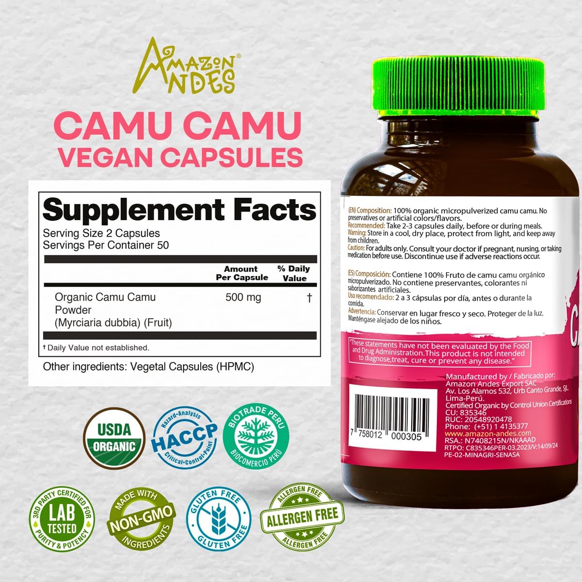 Amazon Andes Camu Camu en Cápsulas 500mg - Vitamina C Natural de la Selva Amazónica Peruana - 100 Cápsulas Vegetarianas