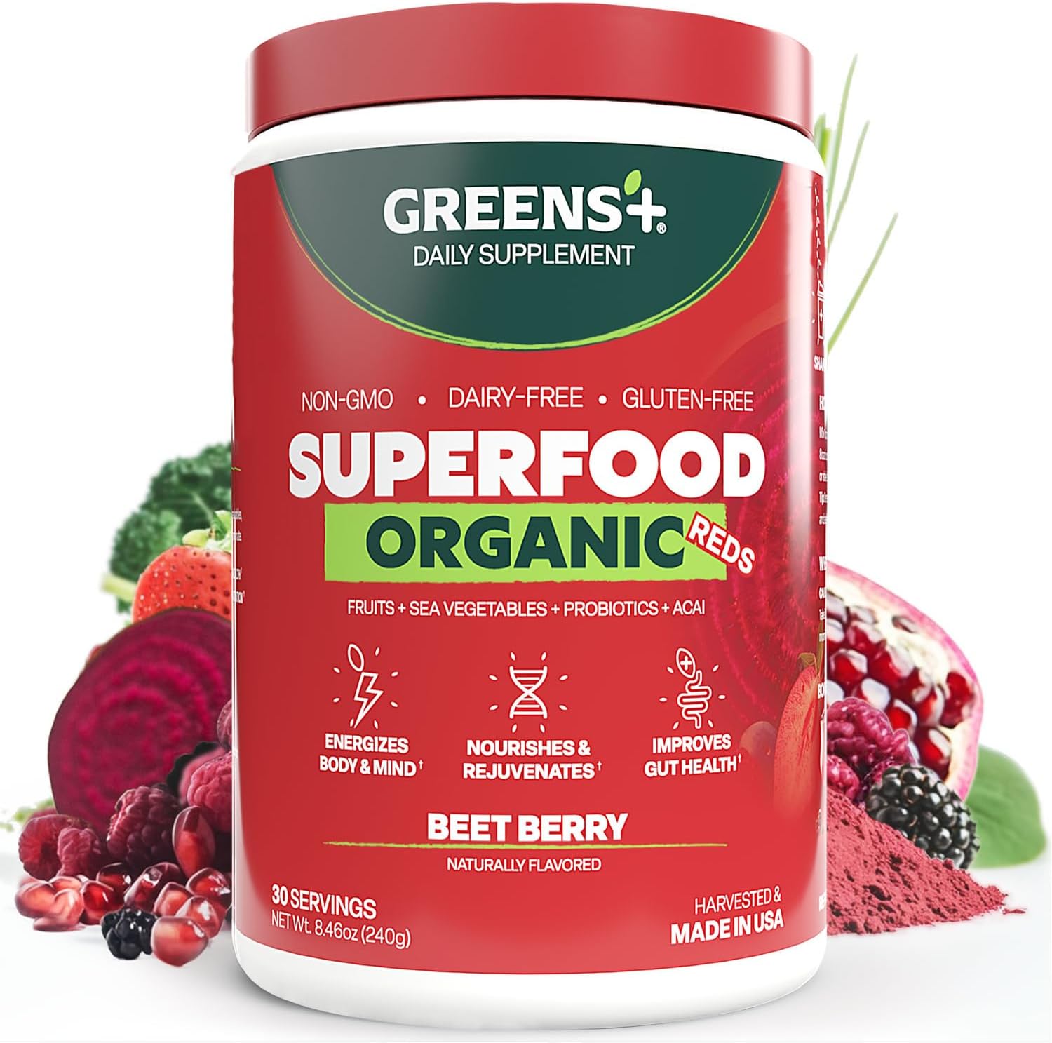 Greens+ Organic Reds Superfood Powder - Mezcla de Superalimentos Rojos Ecológicos, Antioxidantes, Vegano, Sin Gluten (240g)