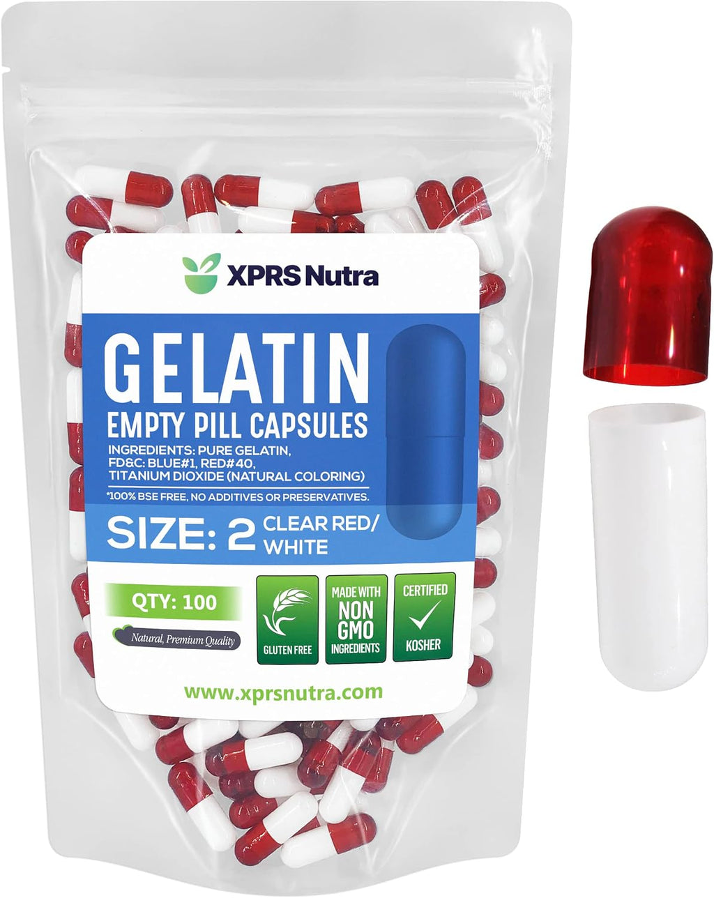 XPRS Nutra Cápsulas Vacías Tamaño 2 - 100 uds Cápsulas de Gelatina para Relleno DIY - Gelatina Bovina Pura (Rojo Transparente/Blanco)