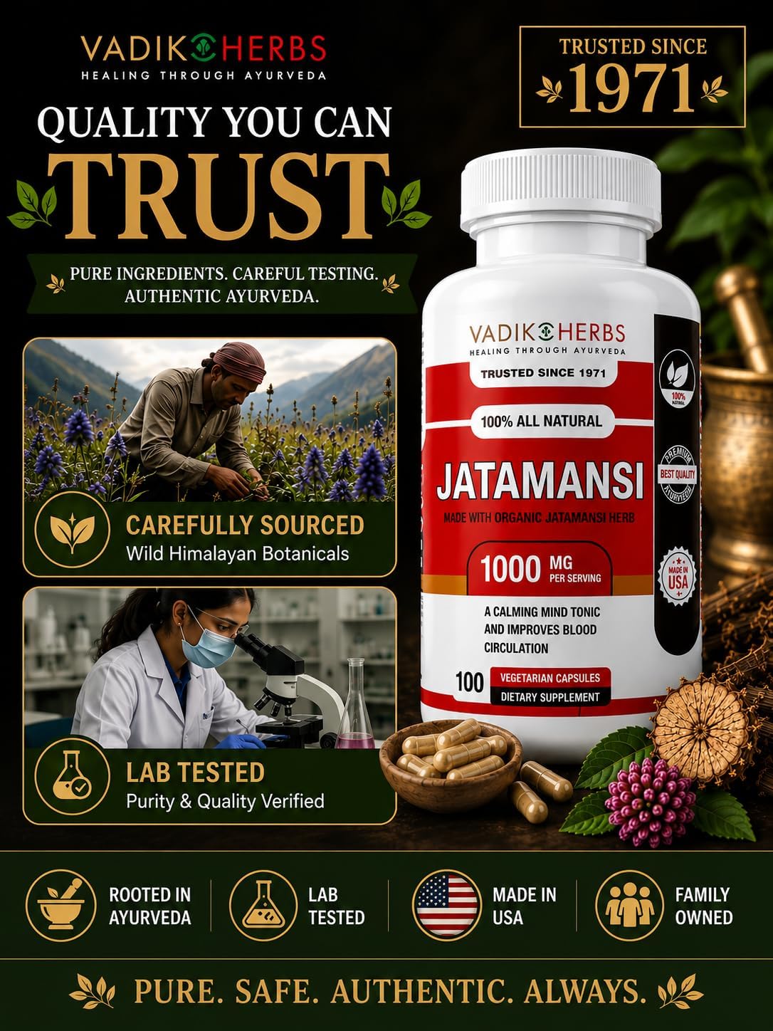Vadik Herbs Jatamansi Cápsulas 1000mg – Raíz Orgánica de Jatamansi (Nardostachys jatamansi) – Hierba Ayurvédica para la Calma, Claridad y Sueño Reparador – 100 Cápsulas Vegetales – No Transgénico