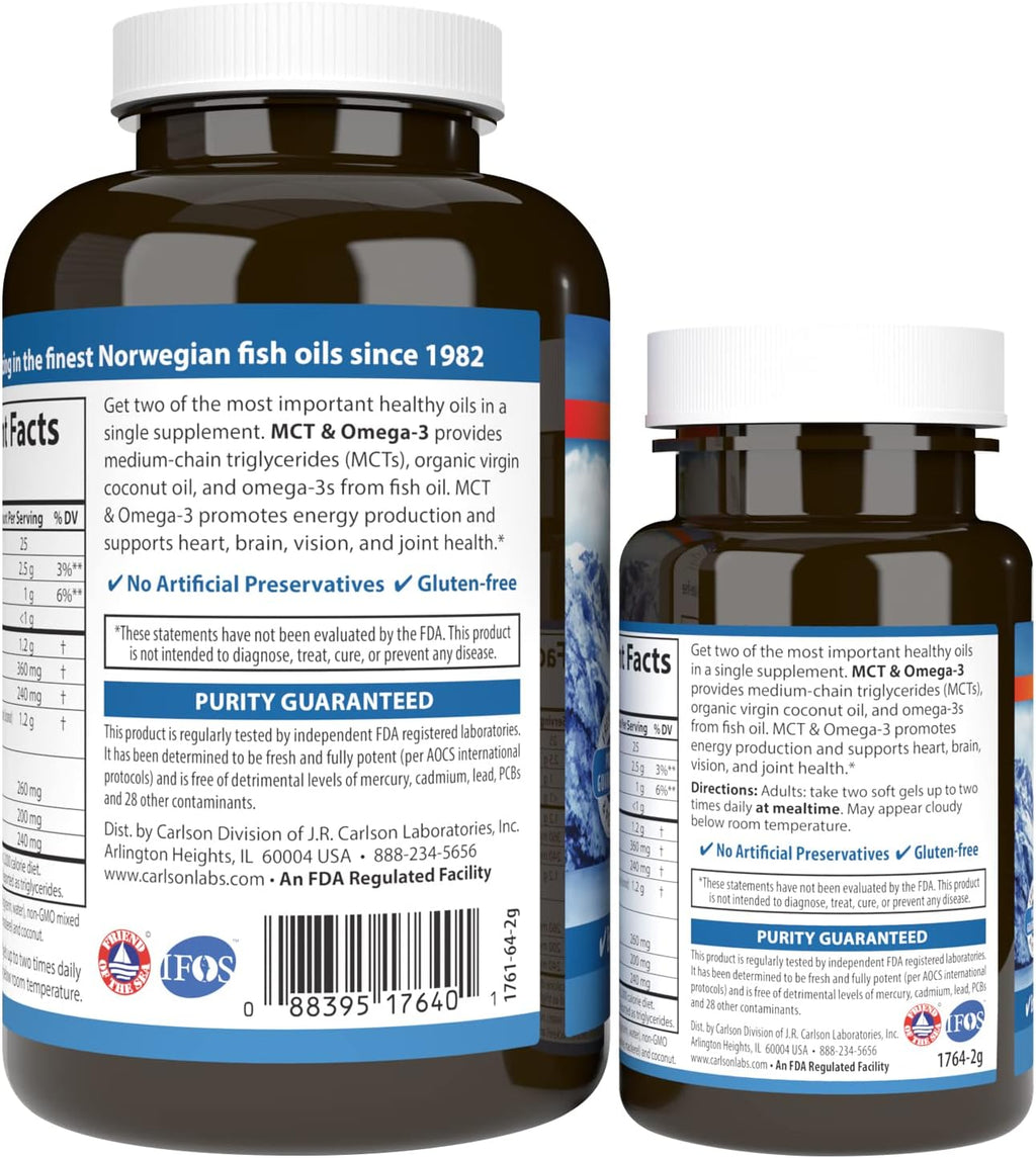 Carlson MCT y Omega-3 con Aceite de Coco Virgen Orgánico, EPA y DHA, 120+30 Cápsulas Blandas
