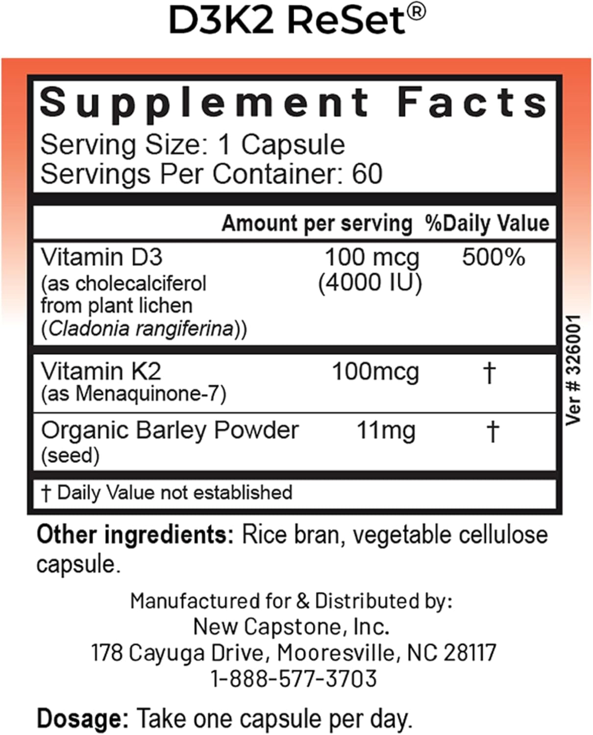 RnA ReSet D3K2 Reset – 4000 UI Vitamina D3 y 100 mcg K2 (60 Cápsulas) NSF Certified