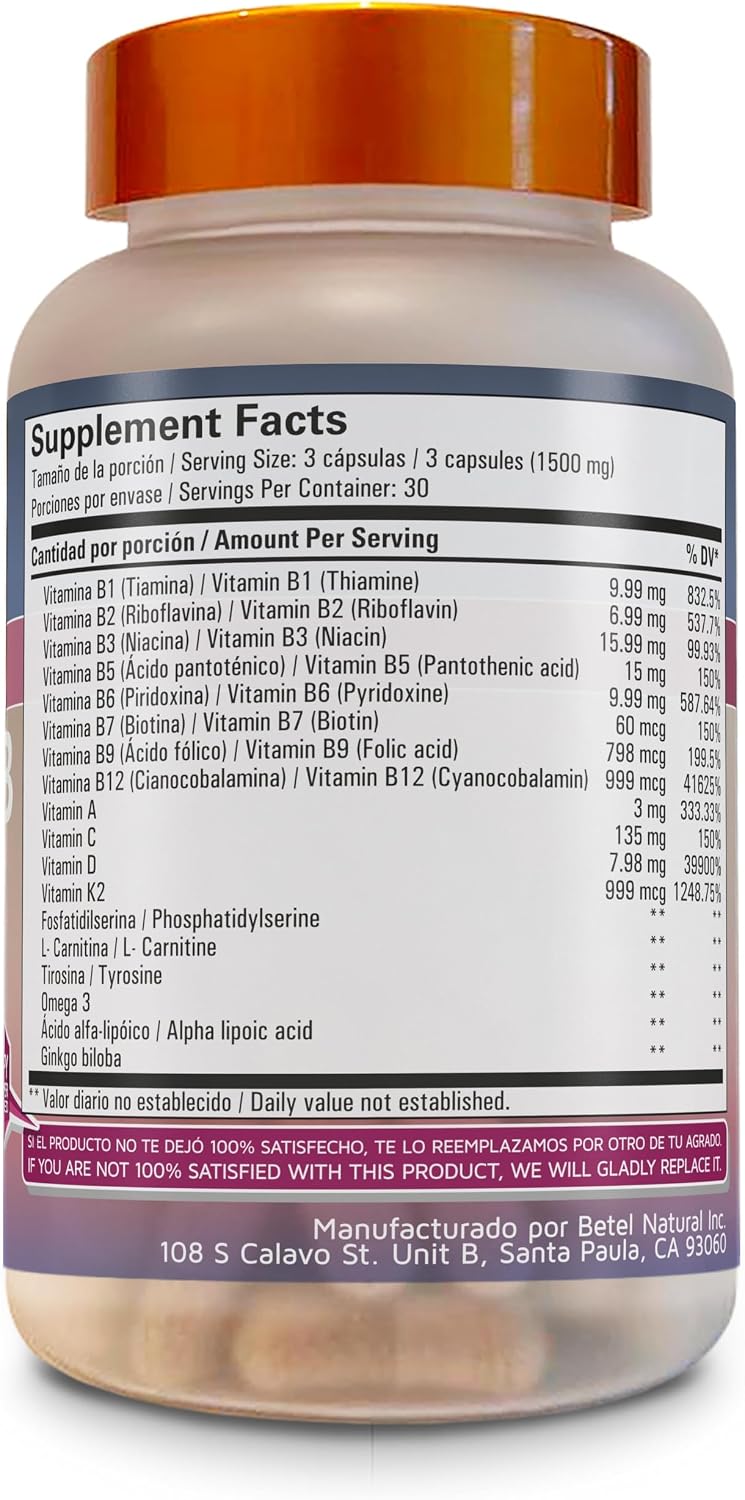Betel Natural Cerebro B+ Cápsulas - Complejo B con Ginkgo Biloba para el Sistema Nervioso - 90 Cápsulas