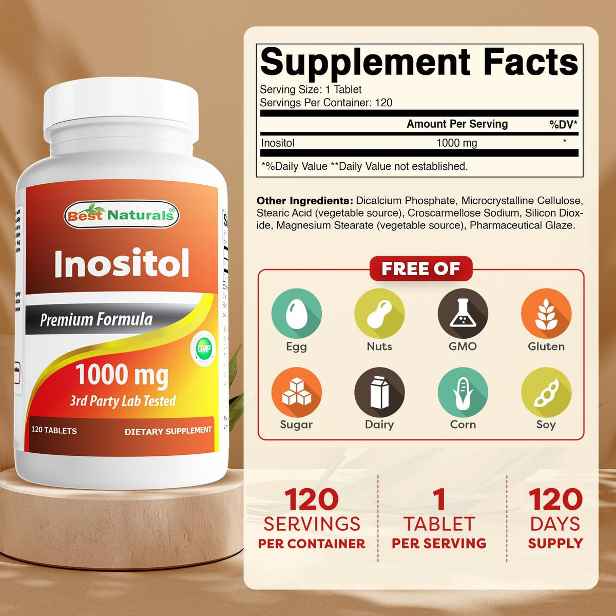 Best Naturals Inositol 1000 mg, 120 Tabletas – Image 2