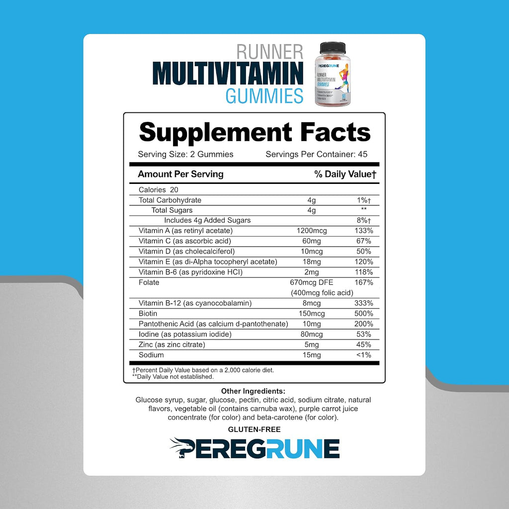 PEREGRUNE Runner Multivitamin Gummies - Gominolas Multivitamínicas para Corredores con Vitaminas A, C, D, E y Complejo B - 50% Menos Azúcar