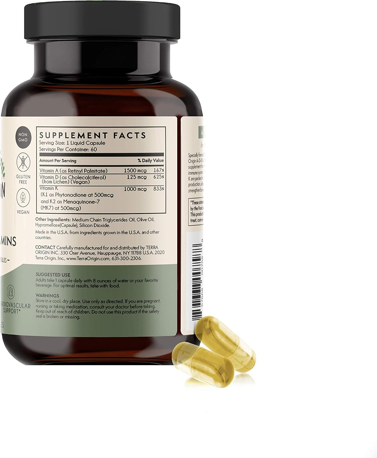 TERRA ORIGIN ADK Essential Vitamin Supplement | 60 Cápsulas Líquidas | Alta Potencia Vitaminas A, D3 (5000 UI), K1 y K2