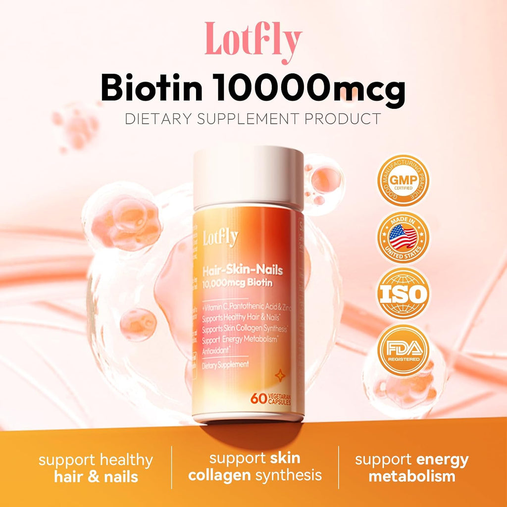 LOTFLY Biotina 10000 mcg con Zinc, Vitamina C y Pantotenato Cálcico – 60 Cápsulas Veganas (2 Meses)