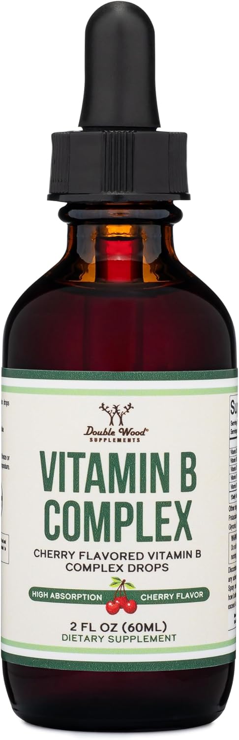 Double Wood Supplements Complejo B Líquido - 2 Meses de Suministro - Máxima Absorción - B3, B6, B7 (Biotina), B9 y Vitamina B12 - Sabor Cereza - 60 ml