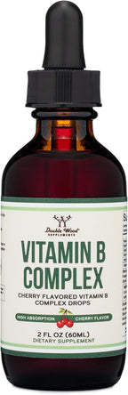 Double Wood Supplements Complejo B Líquido - 2 Meses de Suministro - Máxima Absorción - B3, B6, B7 (Biotina), B9 y Vitamina B12 - Sabor Cereza - 60 ml