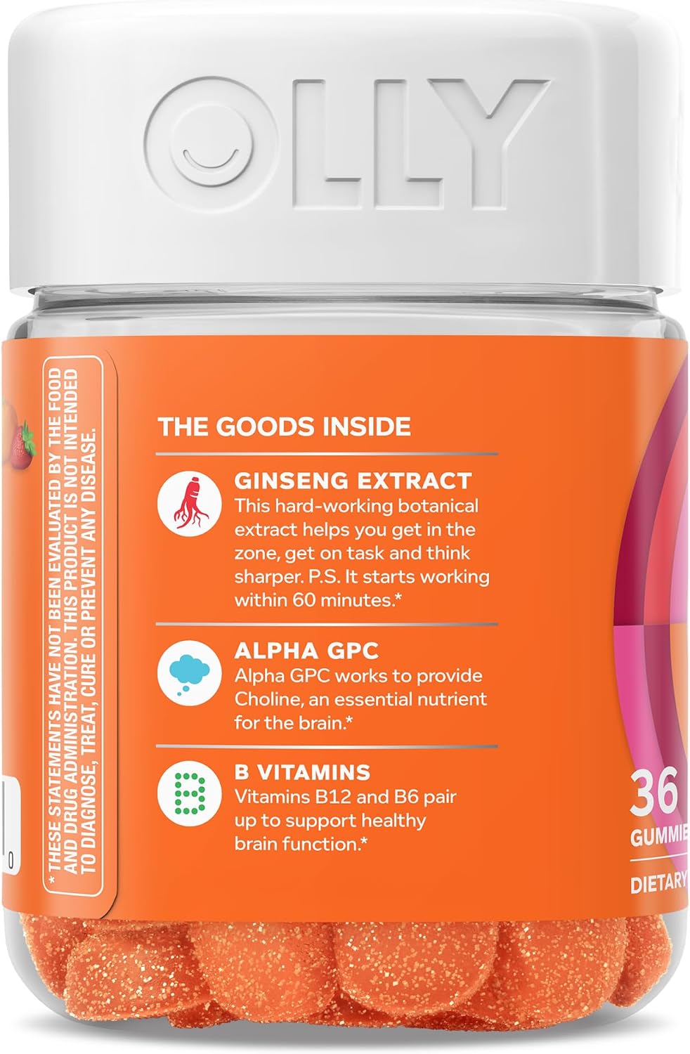 OLLY Laser Focus Gummy - Gominolas para la Concentración con Ginseng, Alfa GPC y Vitaminas B - Sabor Bayas y Mandarina - 36 Gominolas