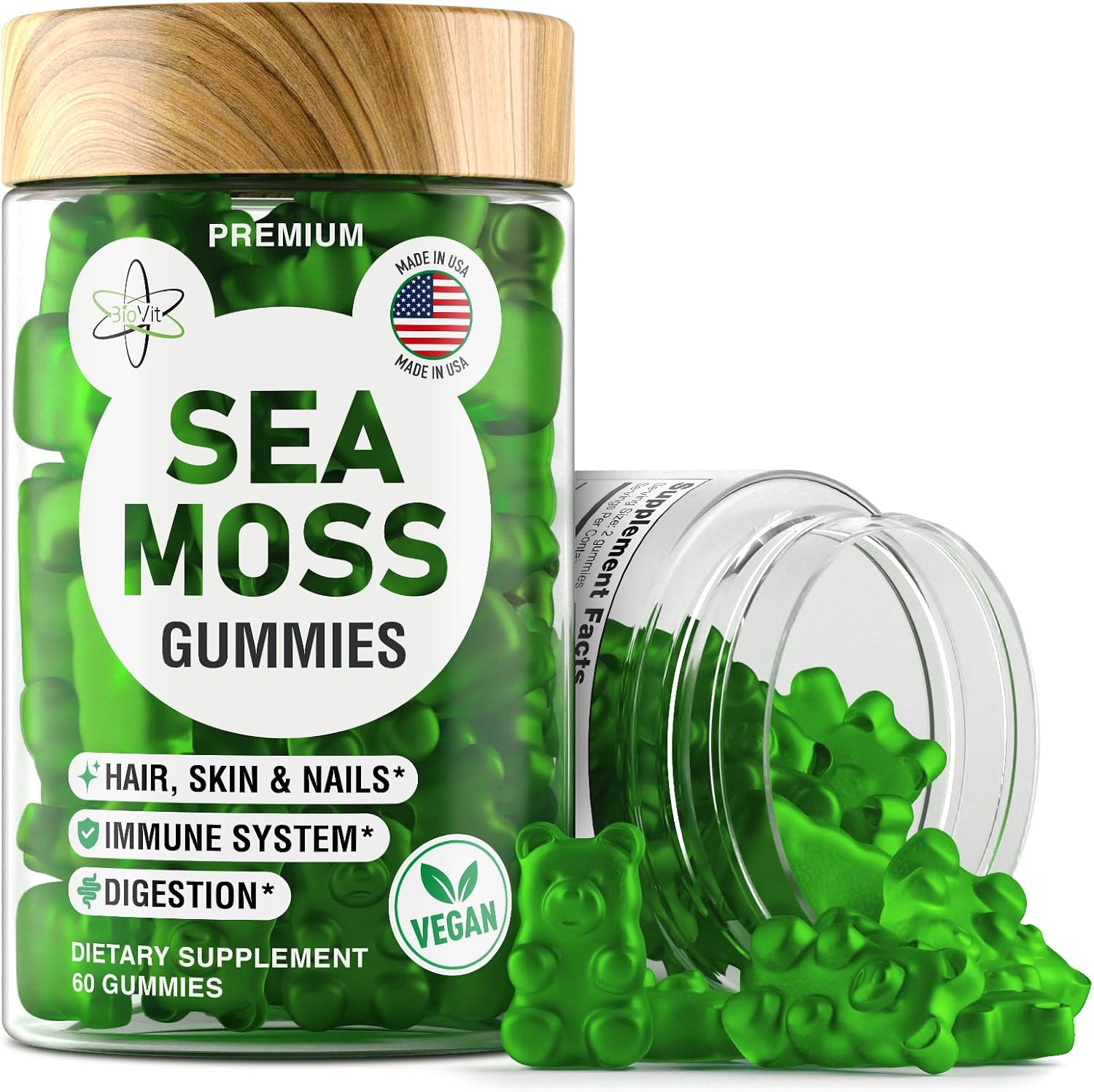 BioVit Sea Moss Gummies - Gominolas de Sea Moss Silvestre con Bladderwrack y Burdock - 60 Gominolas Veganas